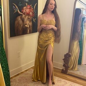 Glamorous Gold Prom Dress with Slit